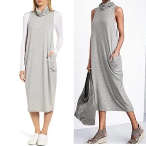 Eileen Fisher Gray Cowl Neck Sleeves Shift Midi Dress Patch Pockets Womens S - Picture 1 of 7
