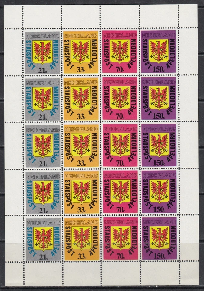 Escudo de armas Eagle 1973 Apeldoorn Stadspost MNH 4 V perfecto conjunto X 5 = 1 hoja Foto 1 de 1