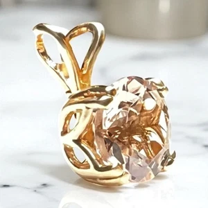 Round Morganite Gemstone set in DBL Prong 14K Yellow Gold Pendant - Picture 1 of 5