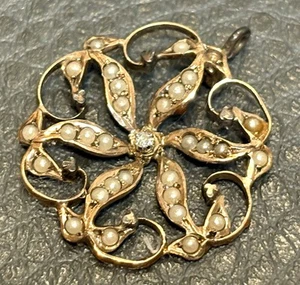 10K Yellow Gold Victorian Antique Diamond Seed Pearl Ornate Filigree Pendant - Picture 1 of 11