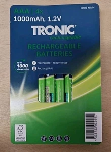 (ZZ) Tronic Rechargable 1000mAh 4xAAA 1.2V Batteries, New - Picture 1 of 2