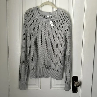 GAP Silver Open Weave Crochet Sweater Cotton Blend Size L NWT - Image 1 of 4
