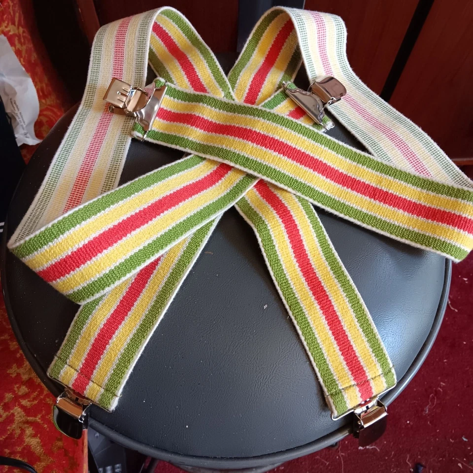 Vintage 80's Multicolor Striped Logger Suspenders With Metal Police Clips - Image 1 of 4