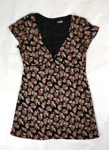 Reformation Dress Black Multicolor Floral Mini V Neck Cap Sleeve Back Zip Size S - Picture 1 of 5