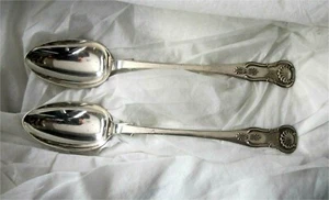 1858 pair Scottish Sterling silver Stuffing Serving Spoons Kings Pattern Superb - Picture 1 of 9