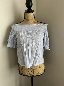 BNWT Cotton On Blue White Stripe Off the Shoulder Pinstripe Shirt Blouse Top XS - Picture 1 of 5
