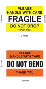 2 x 3 YELLOW FRAGILE STICKER / 2" X 3" DO NOT BEND ORANGE STICKER WORLDWIDE QS - Picture 1 of 3