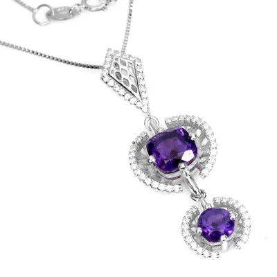 Collana In Argento Sterling 925 Con Cuscino In Ametista 7mm E Cz Simulato 18in - Immagine 1 di 4