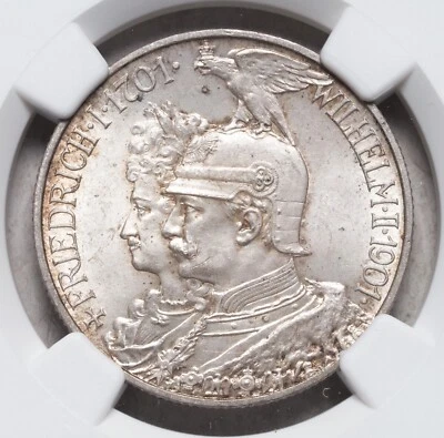 1901, Prussia, Wilhelm II. Silver 2 Mark "Kingdom Bicentennial" Coin. NGC MS-65! - Image 1 of 3