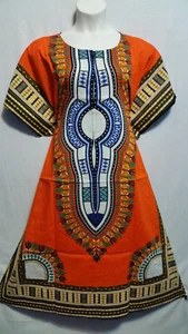 Women 100% Cotton Dashiki Print Dress Kaftan Short Sleeve 60's 70's Free Size - Picture 1 of 2