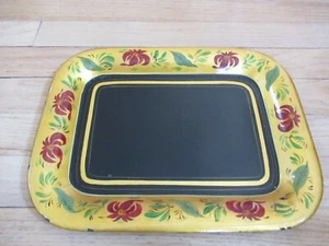 Vintage Tole Black Hand Painted Metal Tray 12 1/4" x 9 1/2" Gold Floral Edge - Picture 1 of 7