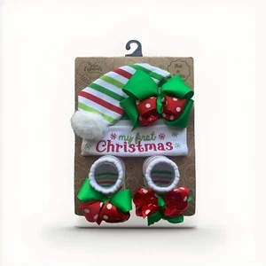 NEW Baby Essentials My First Christmas Hat and Socks Set 0-12mo Red Green White - Picture 1 of 6