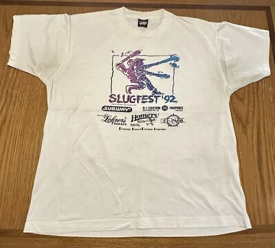 Vintage 90s Screen Stars Slugfest Baseball T Shirt Graphic Single Stitch - Image 1 of 4