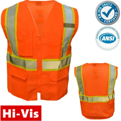 Hi Vis ANSI Class 2 Reflective Tape Work Safety Orange Vest High Visibility - Image 1 of 4