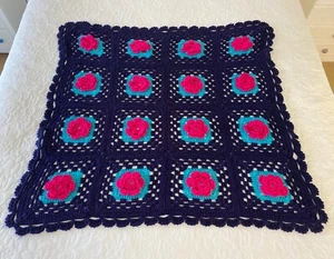 Handmade Crochet Small Throw Lap Blanket Acrylic Blue Pink Floral 95 cm x 95 cm - Picture 1 of 10