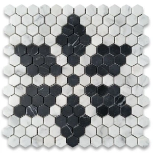 C31FAXH Carrara White Marble Hexagon Ice Crystal Mosaic Tile Marquina Black - Picture 1 of 5