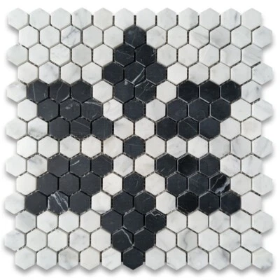 C31FAXH Carrara White Marble Hexagon Ice Crystal Mosaic Tile Marquina Black - Image 1 of 4