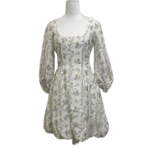 H&M x Brock Collection White Floral Pinstripe Puff Sleeve Bubble Hem Dress sz XS - Picture 1 of 11