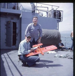 US Navy Sailors On Ship Deck Model Airplane Aircraft Vintage 1960s Slide Photo - Picture 1 of 1