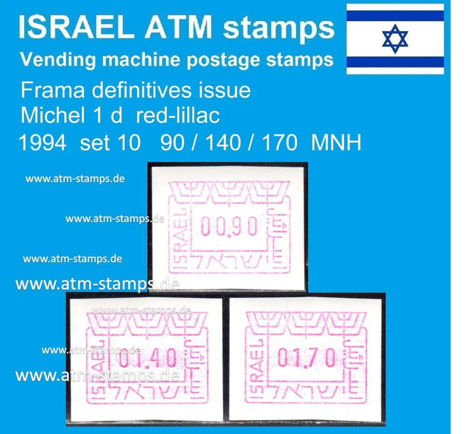Sellos de cajero automático de Israel 1994 / Michel 1 / juego 10 / 90/140/170 MNH Frama Klussendorf Foto 1 de 1