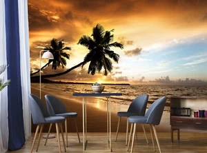 Sunset Beach Wall Mural Photo Ocean Tropical Wallpaper Palm Tree Paper Poster - Imagen 1 de 9