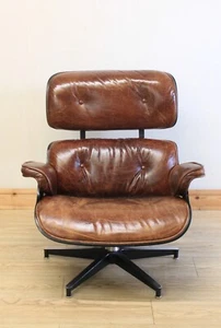 Artsome Coach House Eames Style Tan Distressed Leather Chair / Armchair & Stool - Picture 1 of 8