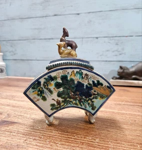 Quemador de incienso de cerámica Kutani paisaje de ciervos incensario japonés antiguo 5,1" - Imagen 1 de 10