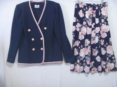 LESLIE FAY Womens Skirt Suit Size 10 Navy Blue & Pink Floral vintage 2 piece - Image 1 of 4