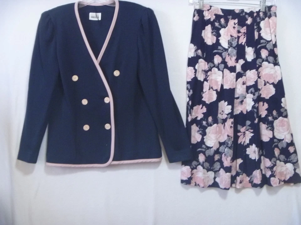 LESLIE FAY Womens Skirt Suit Size 10 Navy Blue & Pink Floral vintage 2 piece - Image 1 of 4
