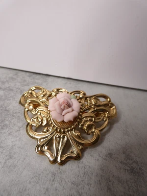 VTG Made in France Unbranded Ornate Gold Metal Hair Barrette Clip Bisque Rose 3" - Image 1 of 4
