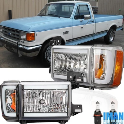 LED DRL Chrome Housing Headlights Headlamps W/Bulbs For Ford F150 F250 1987-1991 - Image 1 of 4