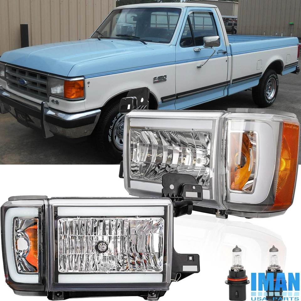 Faróis com carcaça cromada LED DRL faróis com lâmpadas para Ford F150 F250 1987-1991 - Imagem 1 de 4