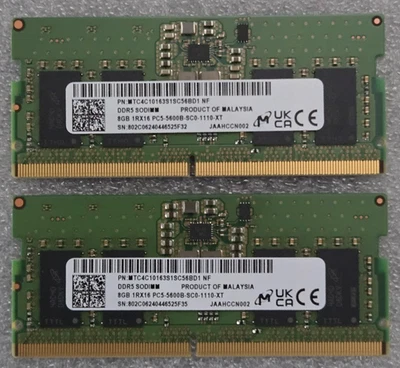 16GB (2x8GB) DDR5 SODIMM PC5-5600B 5600MHz Laptop Memory RAM. Micron - Image 1 of 2