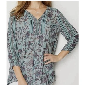 Top Boho Azul Manga 3/4 J. Jill Grande Pequeño Hecho en India - Imagen 1 de 9