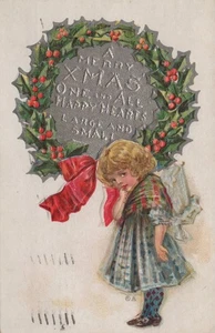 Weihnachten um 1910 - schüchtern aussehendes Mädchen - Weihnachtskranz - gebraucht/versandt - Bild 1 von 2