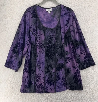 Blusa Dressbarn 2X Whimsigoth Fairy‎ Grunge Veludo Burnout Floral Escuro Manga 3/4 - Imagem 1 de 4