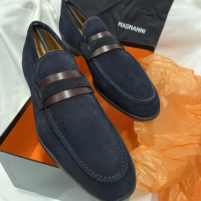 Magnanni Daniel Loafers Men Size 10 1/2 Navy Suede & Brown Slip On Rubber Sole - Image 1 of 4