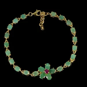 925 Sterling Silver Bracelet Oval Emerald 6x4mm Ruby Gemstone Jewelry Size 7.5 - Picture 1 of 13