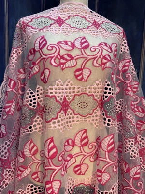 3.5Y Sparkly Floral Pink Embroidered Lace With Rhinestone Beaded. High Quality. - Image 1 of 4