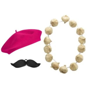 Pink French Beret Set School Fancy Dress Garlic Necklace French Costume - Picture 1 of 1