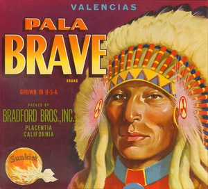 *Original* PALA BRAVE Indian Placentia Bradford Orange Crate Label NOT A COPY! - Picture 1 of 1