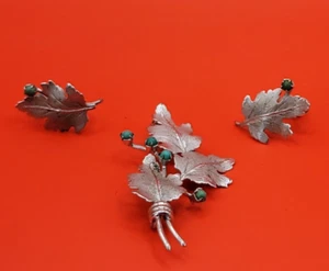 A & Z Sterling Silver Leaves Brooch Pin Leaf Earrings Set Turquoise Stones, USED - Picture 1 of 18