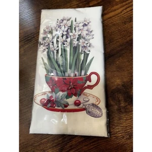 Flour Sack Kitchen Towel 30" X 30" Tea Cup Red Flowers Poinsettia & Bulb Flowers - Picture 1 of 6