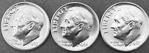 1965,66 &67 10c Roosevelt Dime 3-Yr Coin Set. CLAD.  BU  FREE SHIPPING (R005) Cover