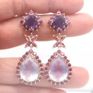 Gema Lavanda Cuarzo, Amatista, Rodolita & Touemaline Pendientes 925 Plata - Imagen 1 de 4