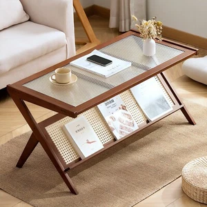 Brown Rattan Coffee Tables for Living Room, Mid Century Modern Coffee Table with - Picture 1 of 7