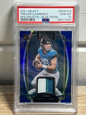 2021 TREVOR LAWRENCE SELECT ROOKIE SWATCH 3 COLOR PATCH BLUE /35 PRIZM PSA 10 - Image 1 of 3