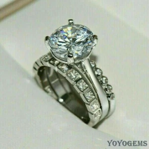 Juego de trío de moissanita corte redondo de 2,50 quilates anillo de compromiso sólido de oro blanco de 14 quilates VVS1 - Imagen 1 de 12