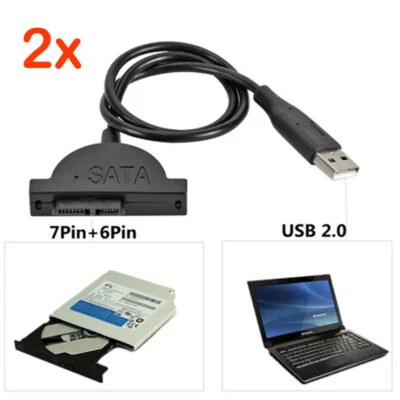 2x USB 2.0 to Mini SATA 7+6 13Pin Adapter Cable for Laptop CD/DVD ROM Drive - Image 1 of 4