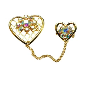 Vintage goldfarbene herzförmige Aurora Borealis Chatellaine Brosche Strass - Bild 1 von 3